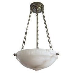Grande ciondolo a 3 luci w. Splendido paralume in alabastro bianco intagliato con motivo a chiave greca