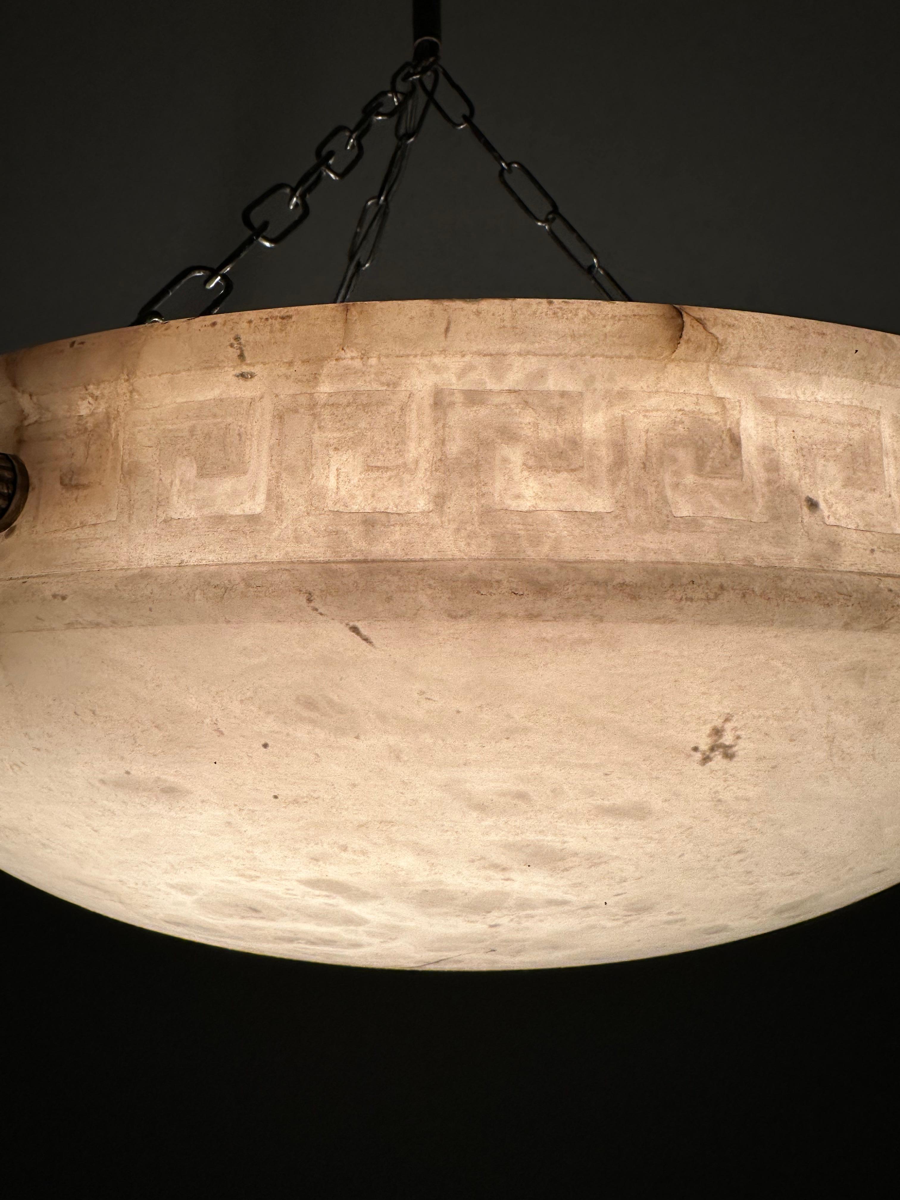 Large 3 Light Pendant with Stunning Alabaster Shade w. Carved Greek Key Pattern 7
