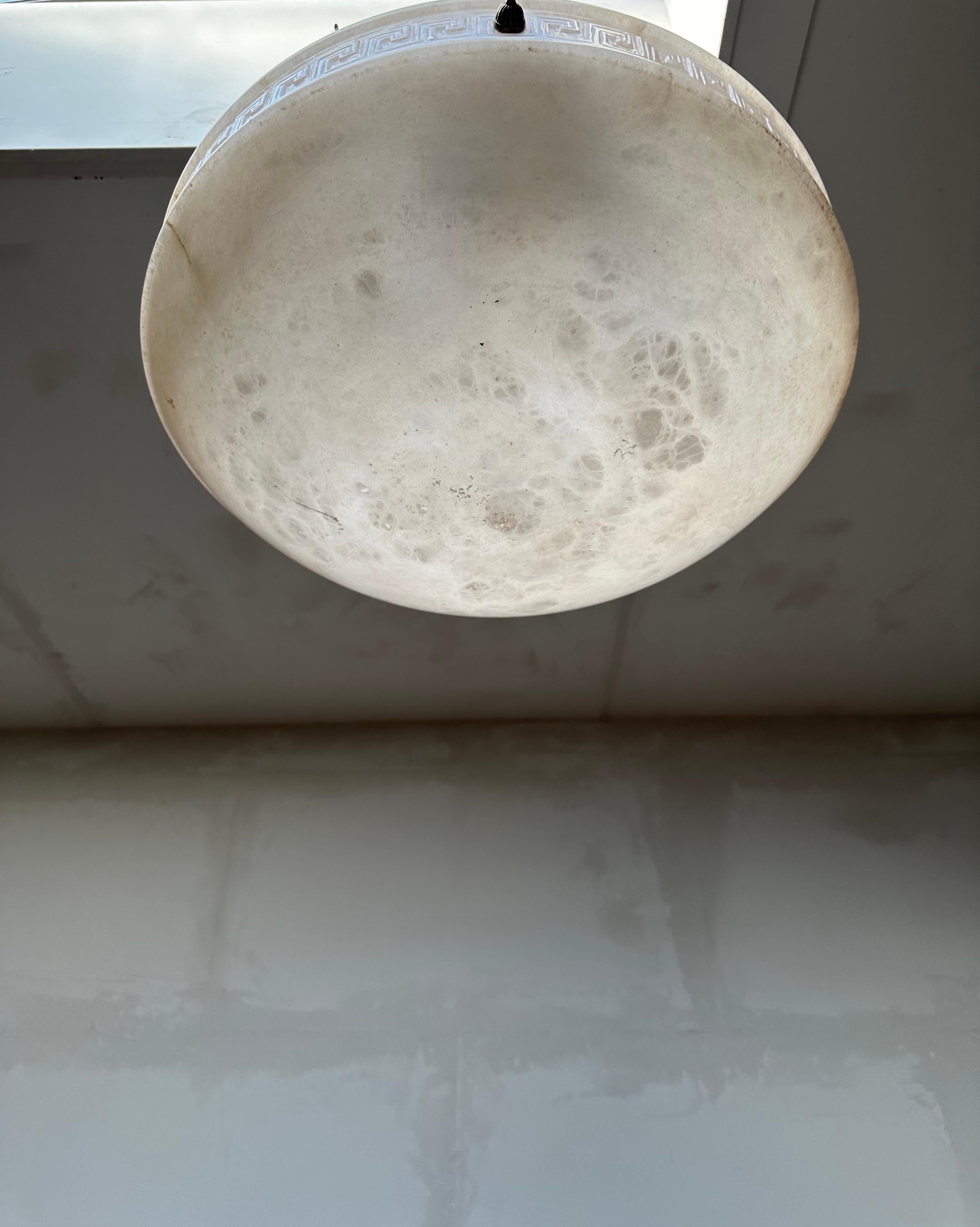 Hand-Carved Large 3 Light Pendant with Stunning Alabaster Shade w. Carved Greek Key Pattern