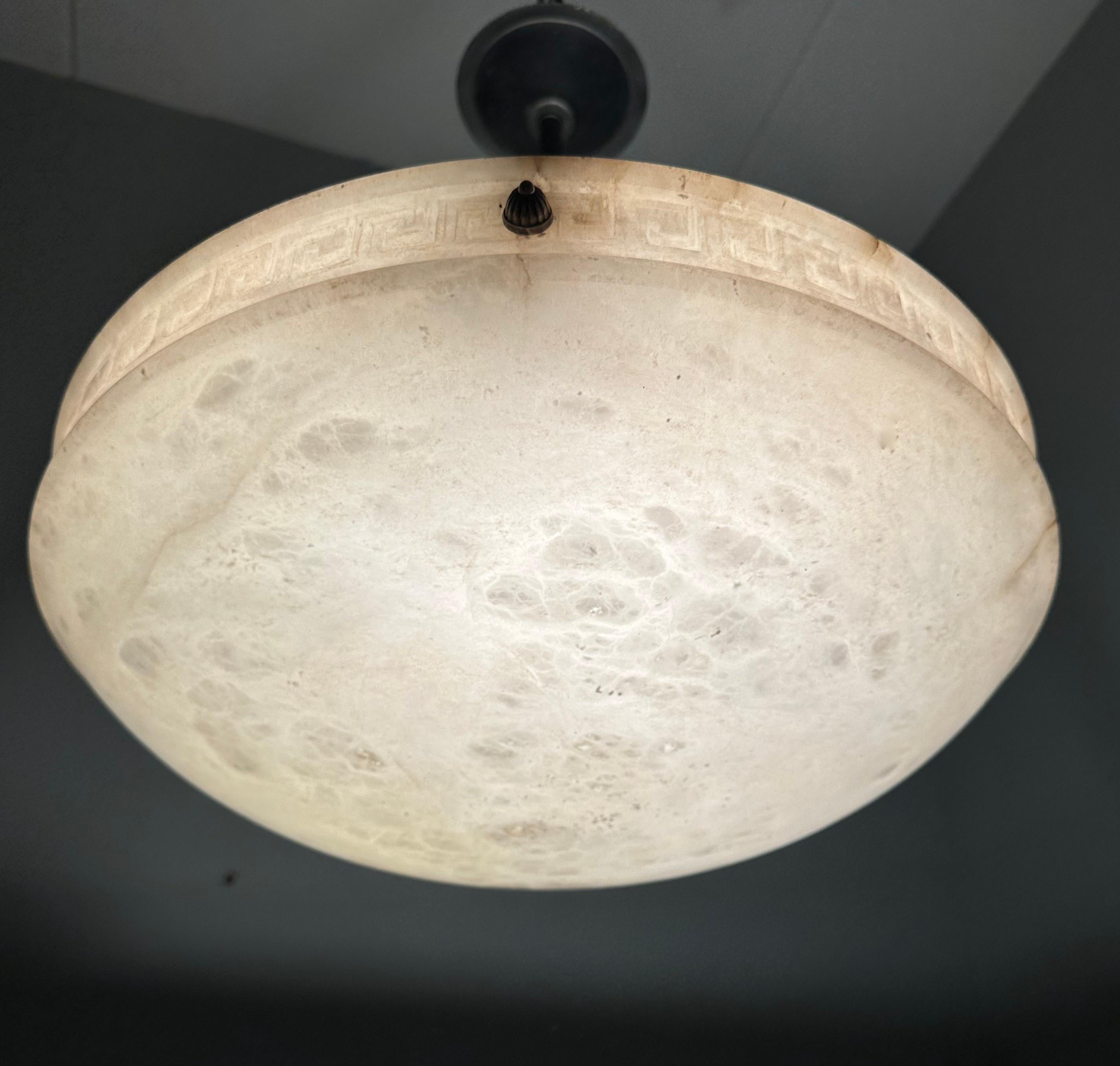 Large 3 Light Pendant with Stunning Alabaster Shade w. Carved Greek Key Pattern In Excellent Condition In Lisse, NL
