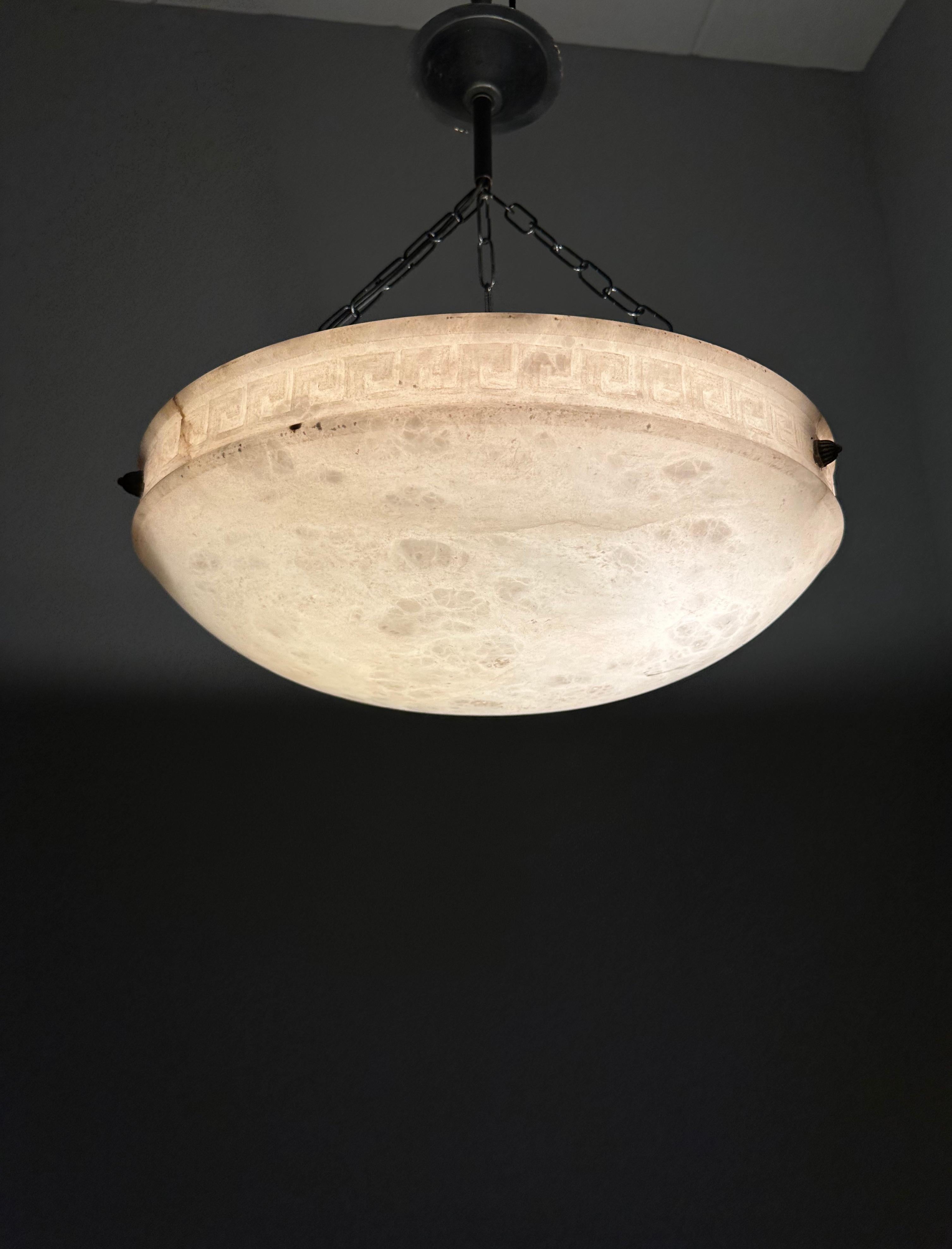 20th Century Large 3 Light Pendant with Stunning Alabaster Shade w. Carved Greek Key Pattern