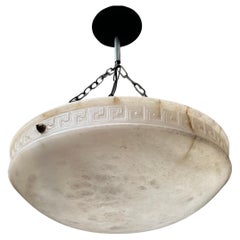 Large 3 Light Pendant with Stunning Alabaster Shade w. Carved Greek Key Pattern