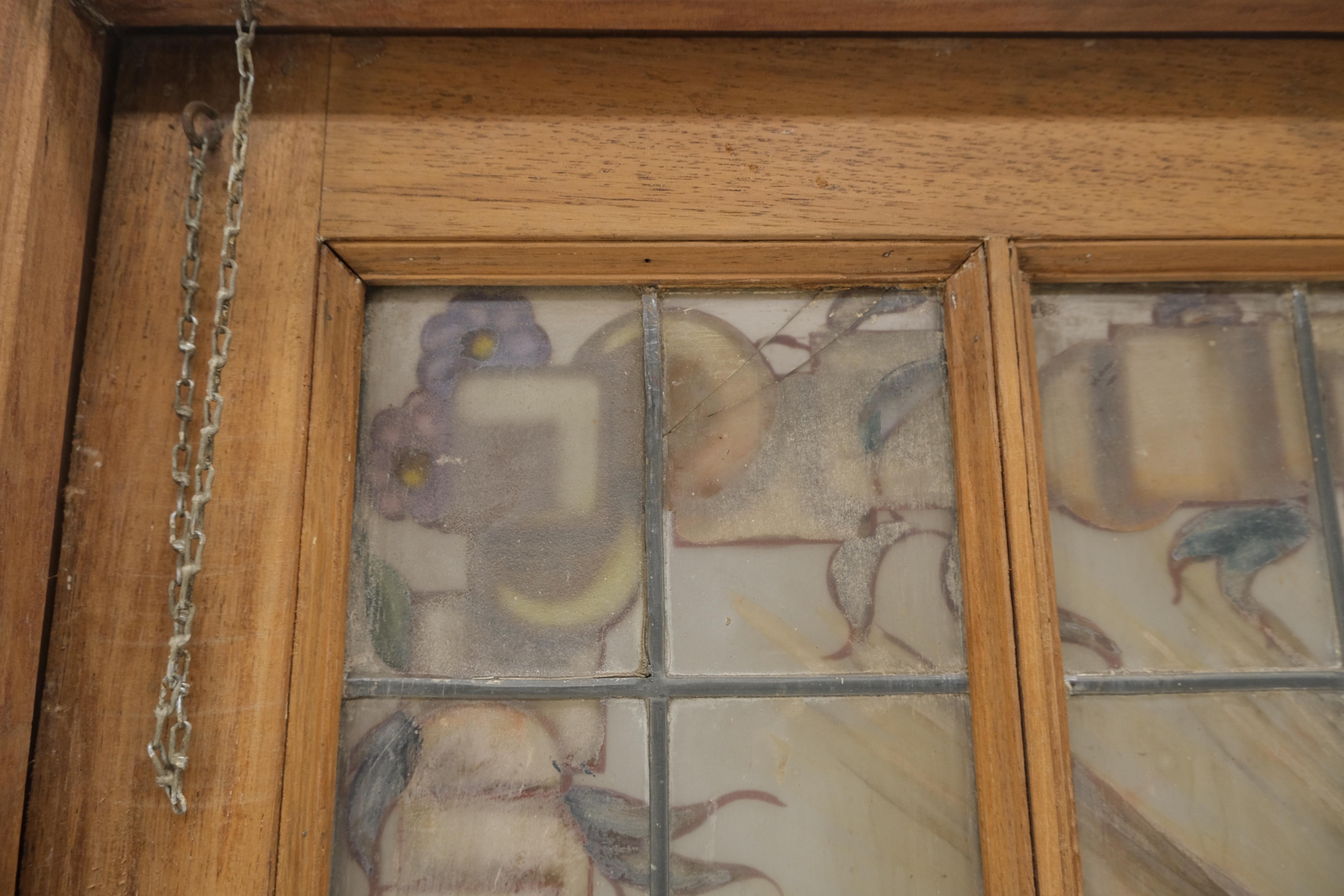 Large 3 Panel Leaded Stain Glass Antique Solid Teak Frame Window OLD For Sale 7