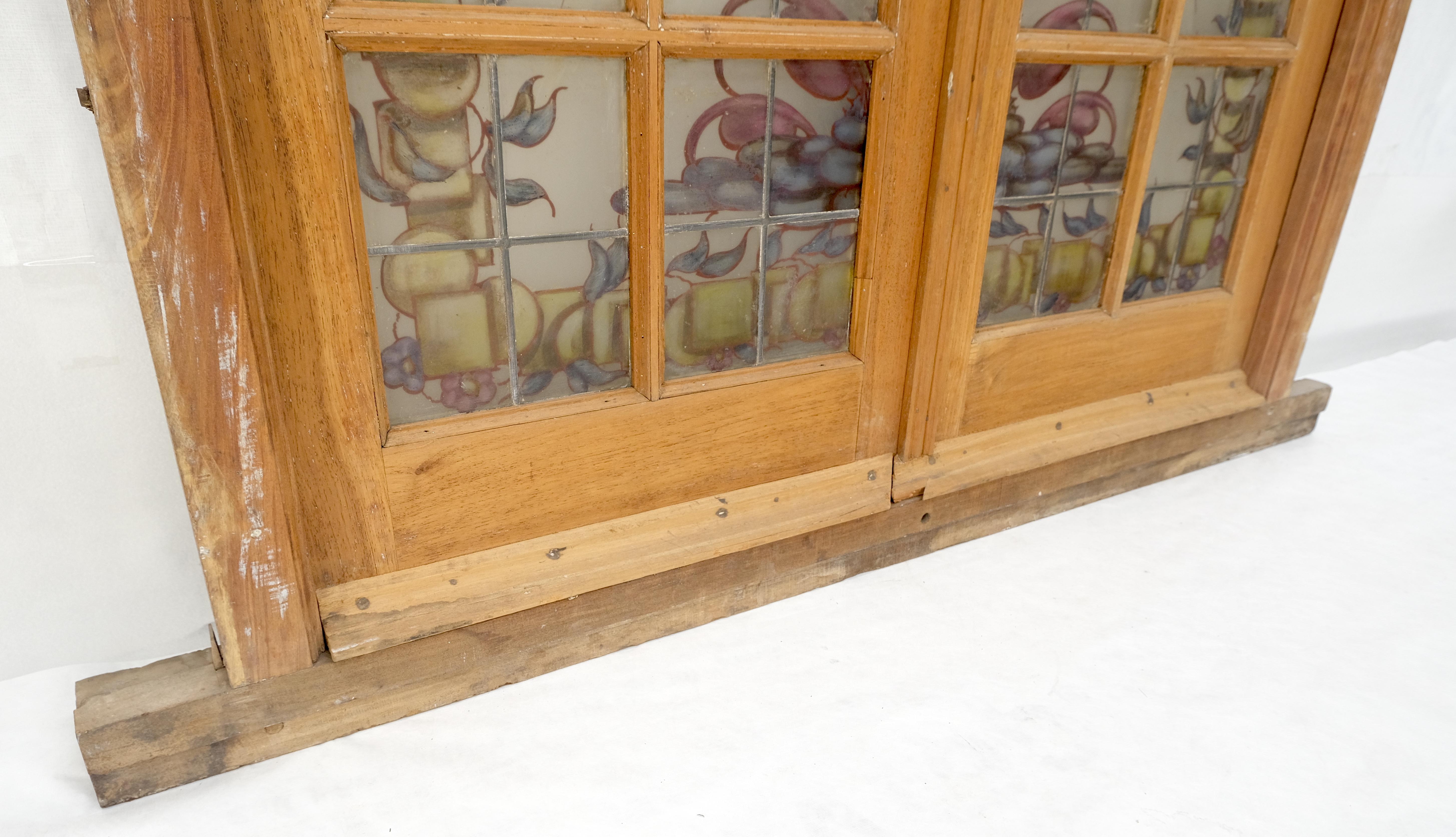 Large 3 Panel Leaded Stain Glass Antique Solid Teak Frame Window OLD For Sale 8