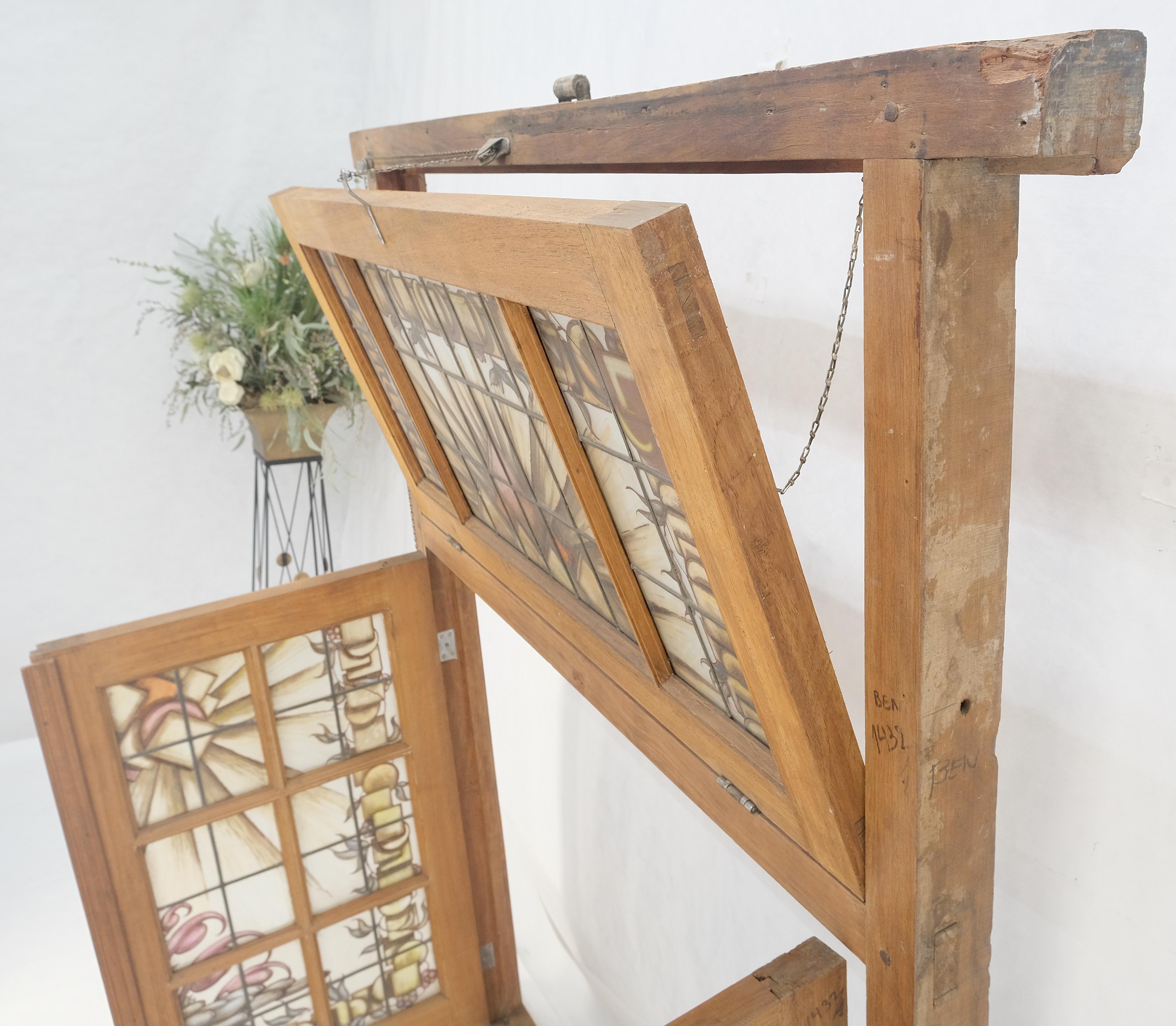 Large 3 Panel Leaded Stain Glass Antique Solid Teak Frame Window OLD For Sale 11
