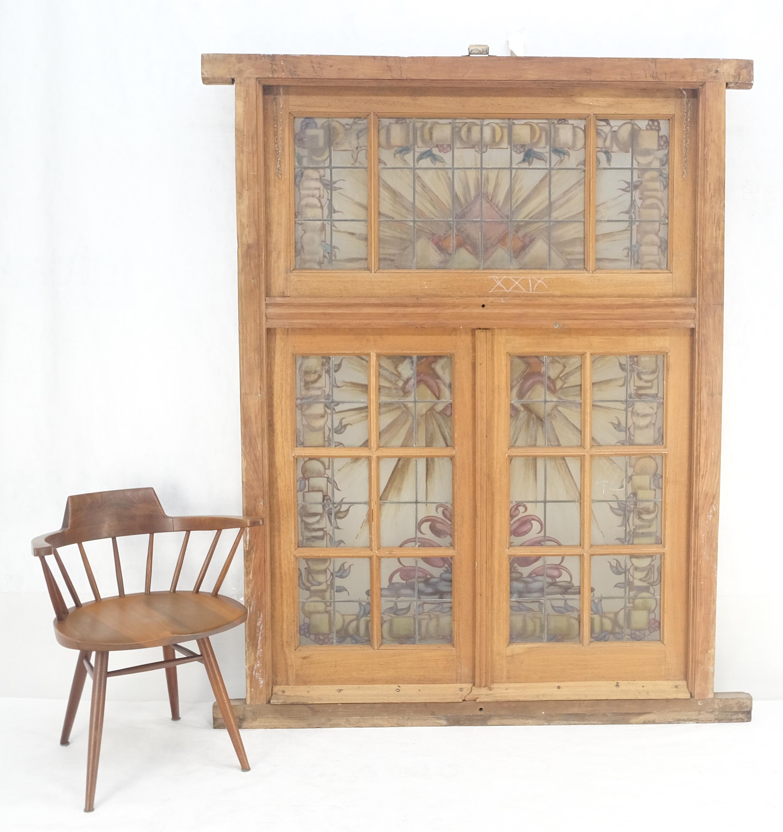 Unknown Large 3 Panel Leaded Stain Glass Antique Solid Teak Frame Window OLD For Sale