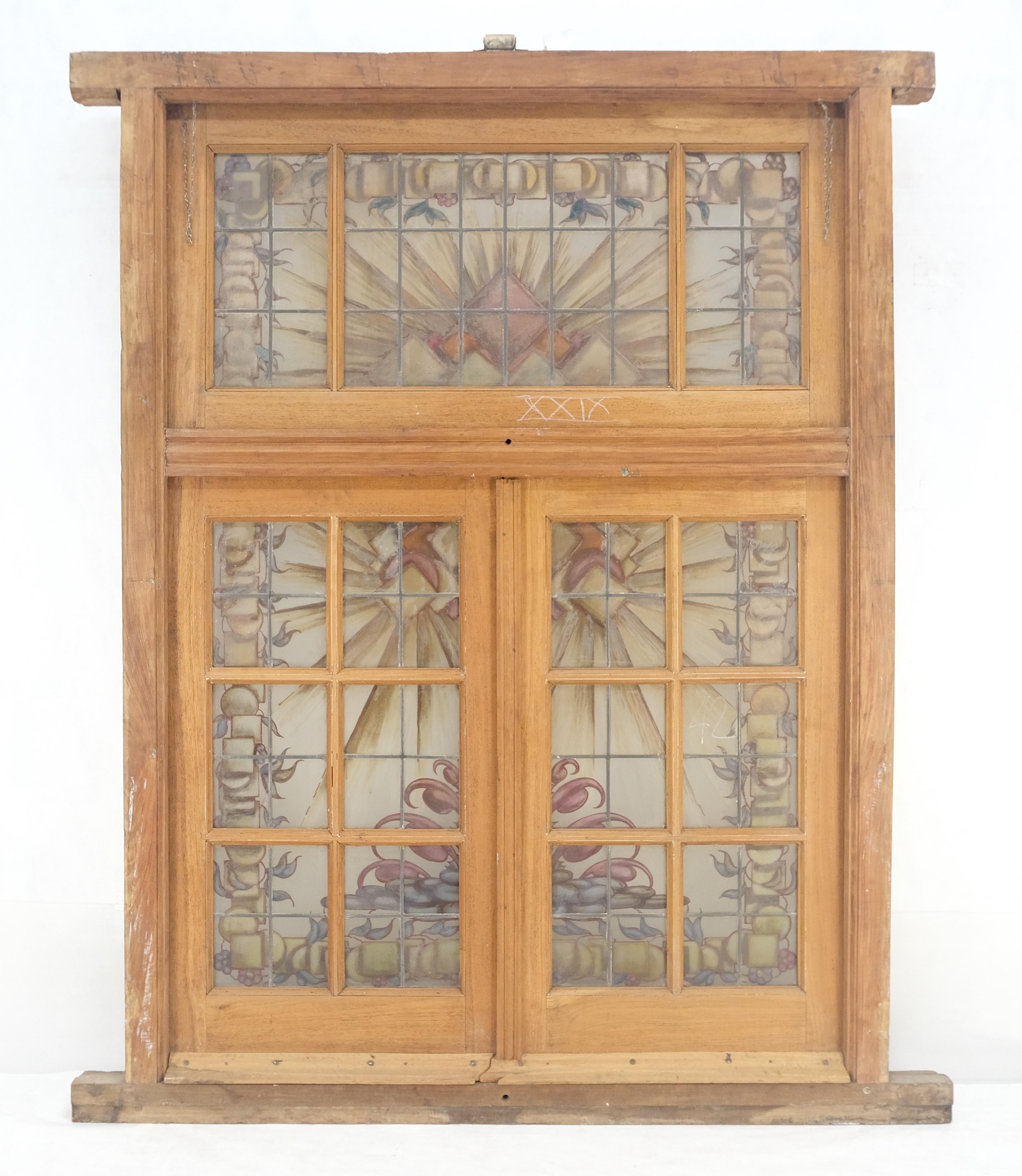 Large 3 Panel Leaded Stain Glass Antique Solid Teak Frame Window OLD In Good Condition For Sale In Rockaway, NJ