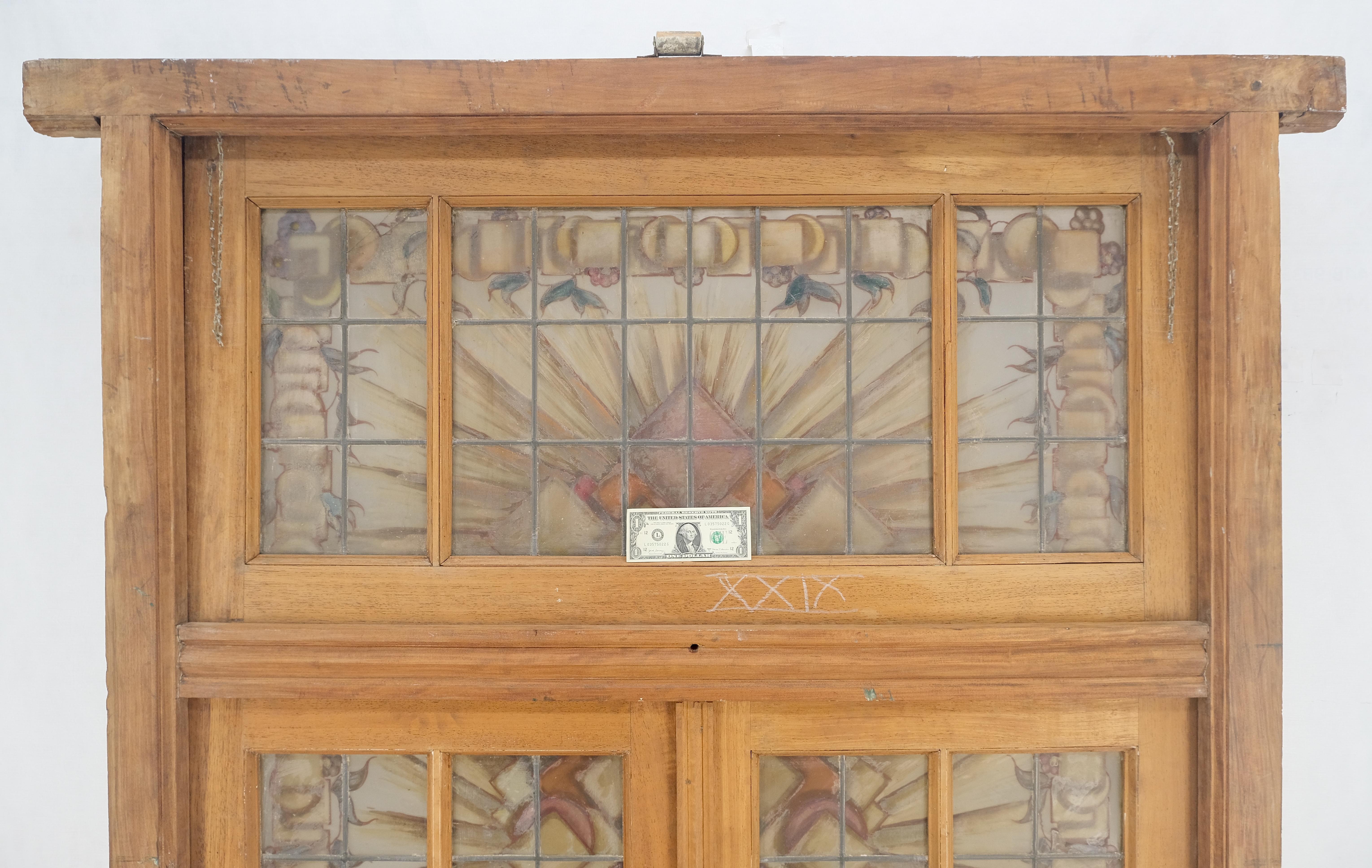 20th Century Large 3 Panel Leaded Stain Glass Antique Solid Teak Frame Window OLD For Sale