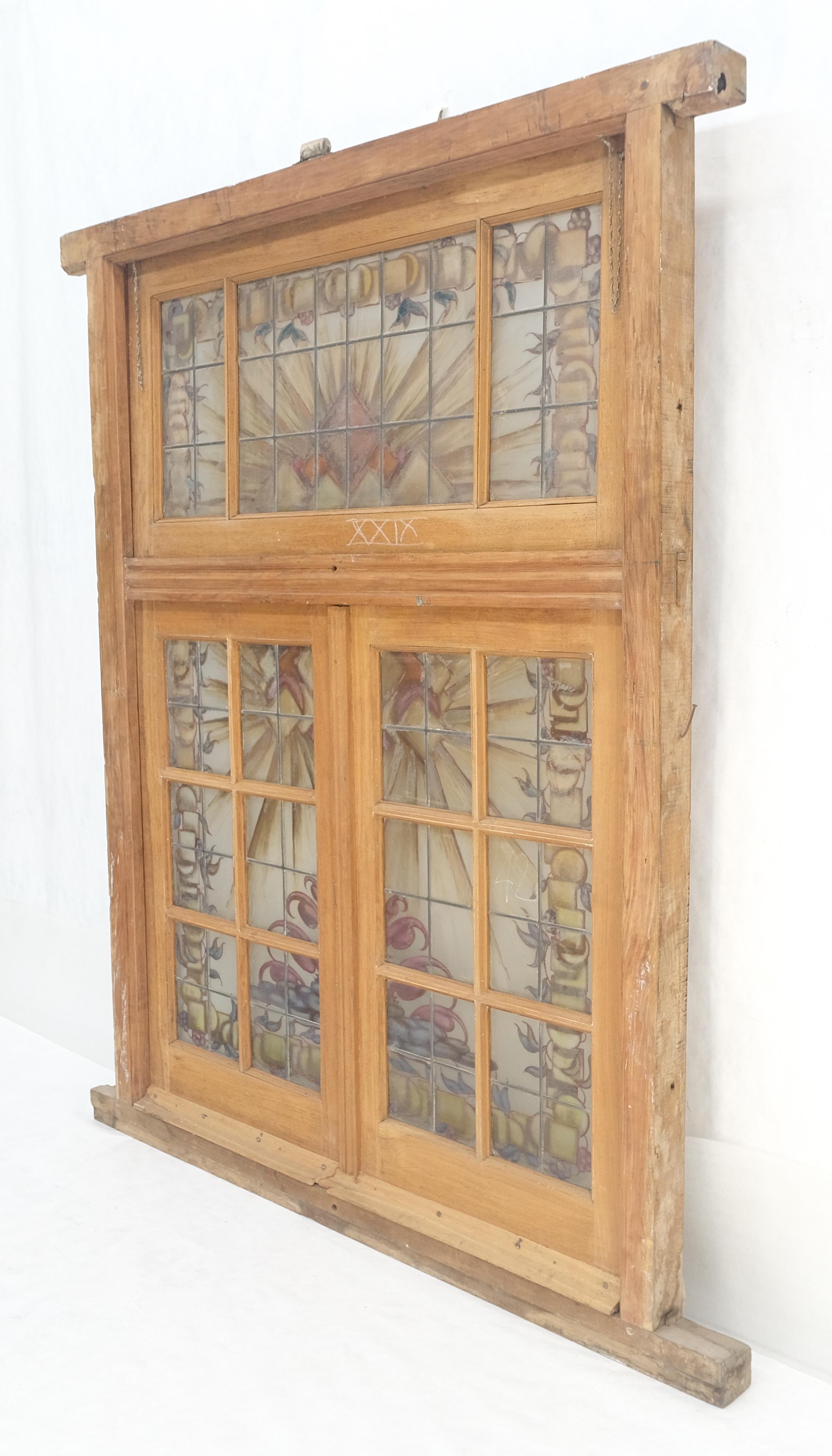 Large 3 Panel Leaded Stain Glass Antique Solid Teak Frame Window OLD For Sale 2