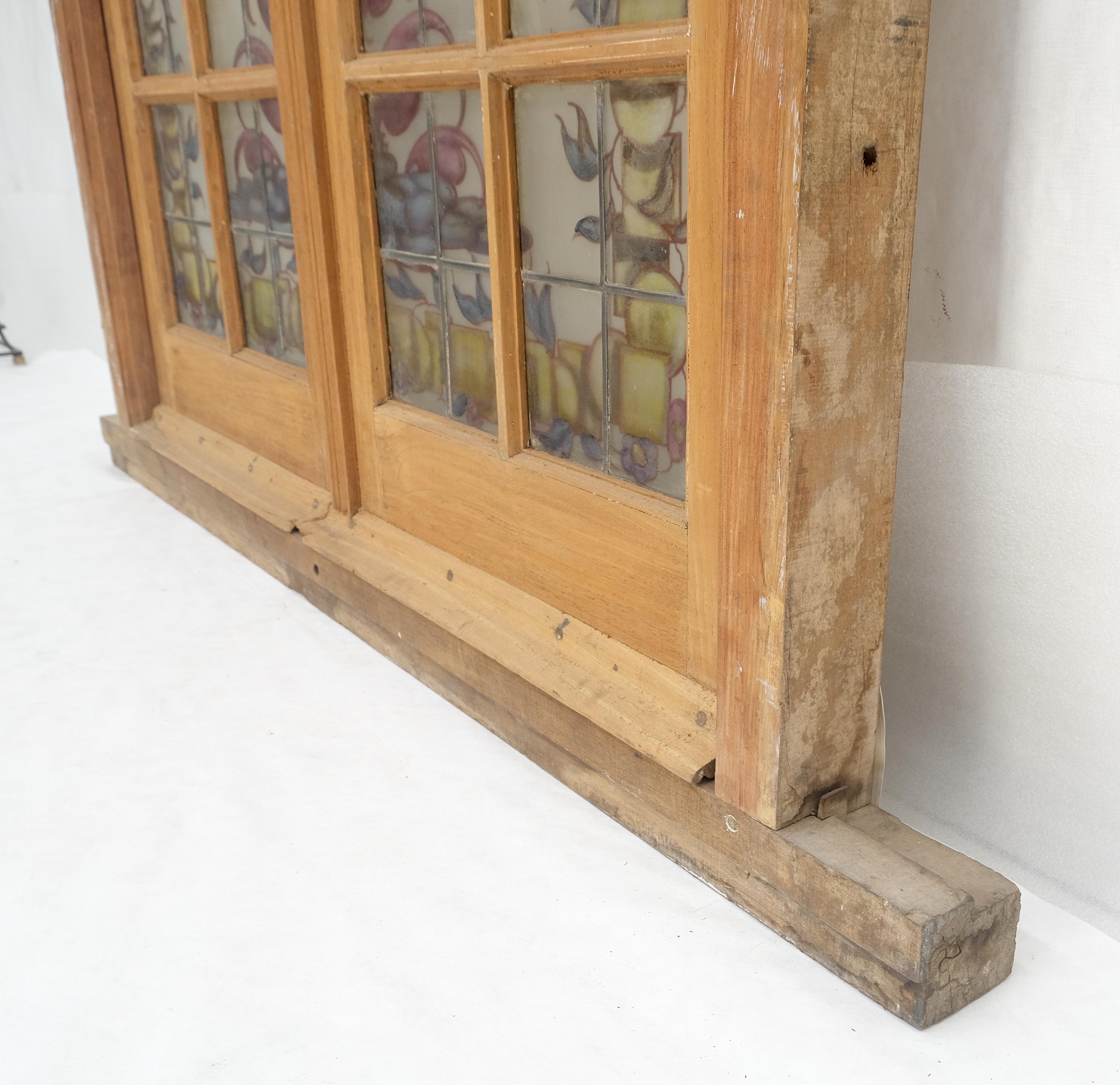 Large 3 Panel Leaded Stain Glass Antique Solid Teak Frame Window OLD For Sale 3