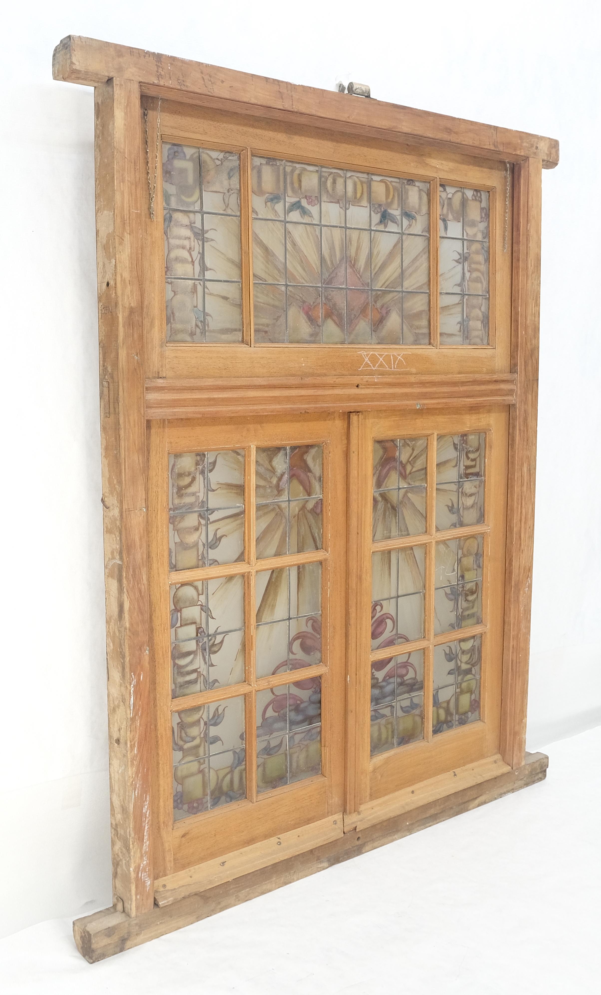 Large 3 Panel Leaded Stain Glass Antique Solid Teak Frame Window OLD For Sale 5