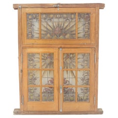 Large 3 Panel Leaded Stain Glass Vintage Solid Teak Frame Window OLD