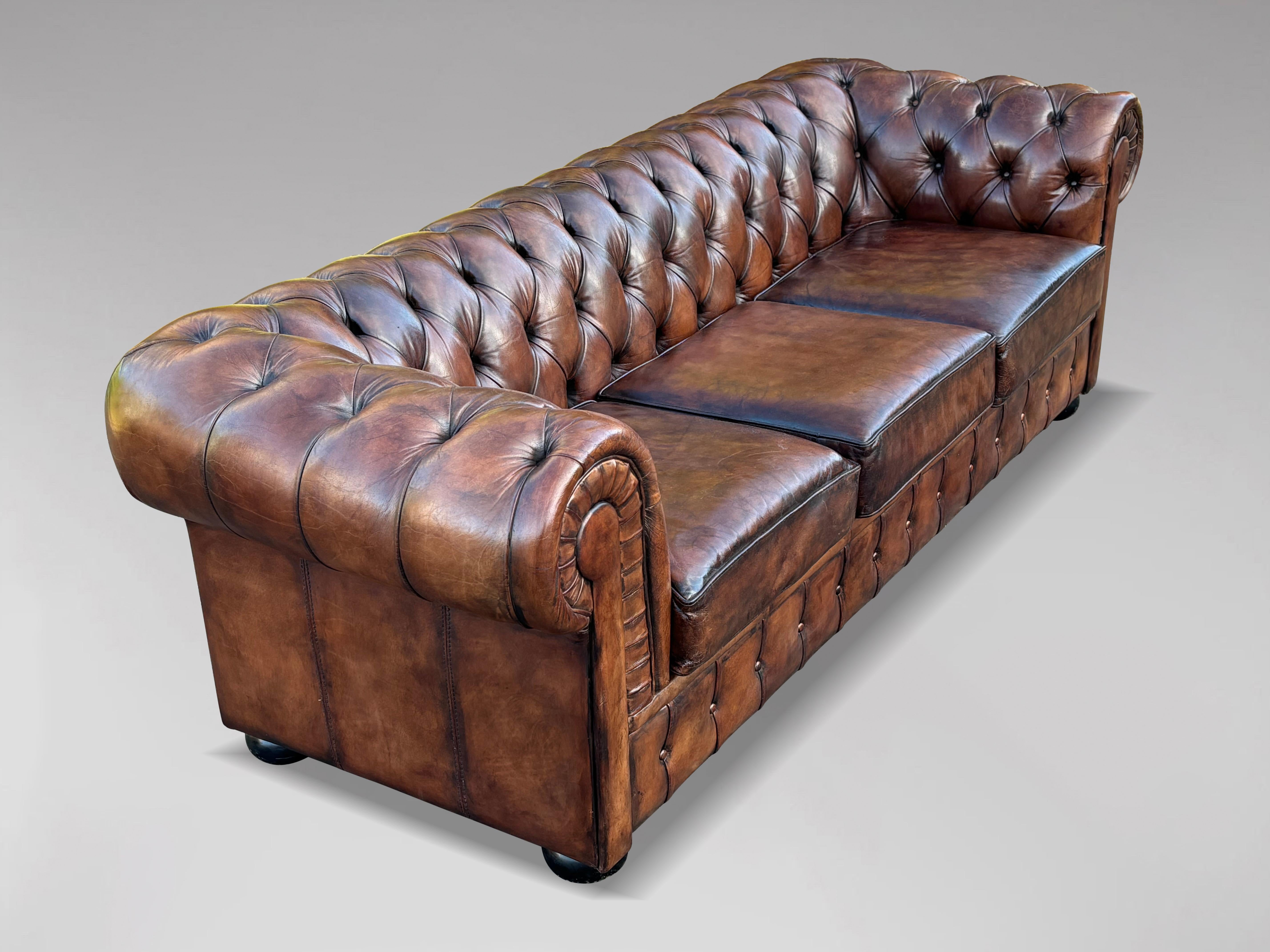 Hand-Crafted Large 3-Seater Brown Leather Chesterfield Sofa For Sale