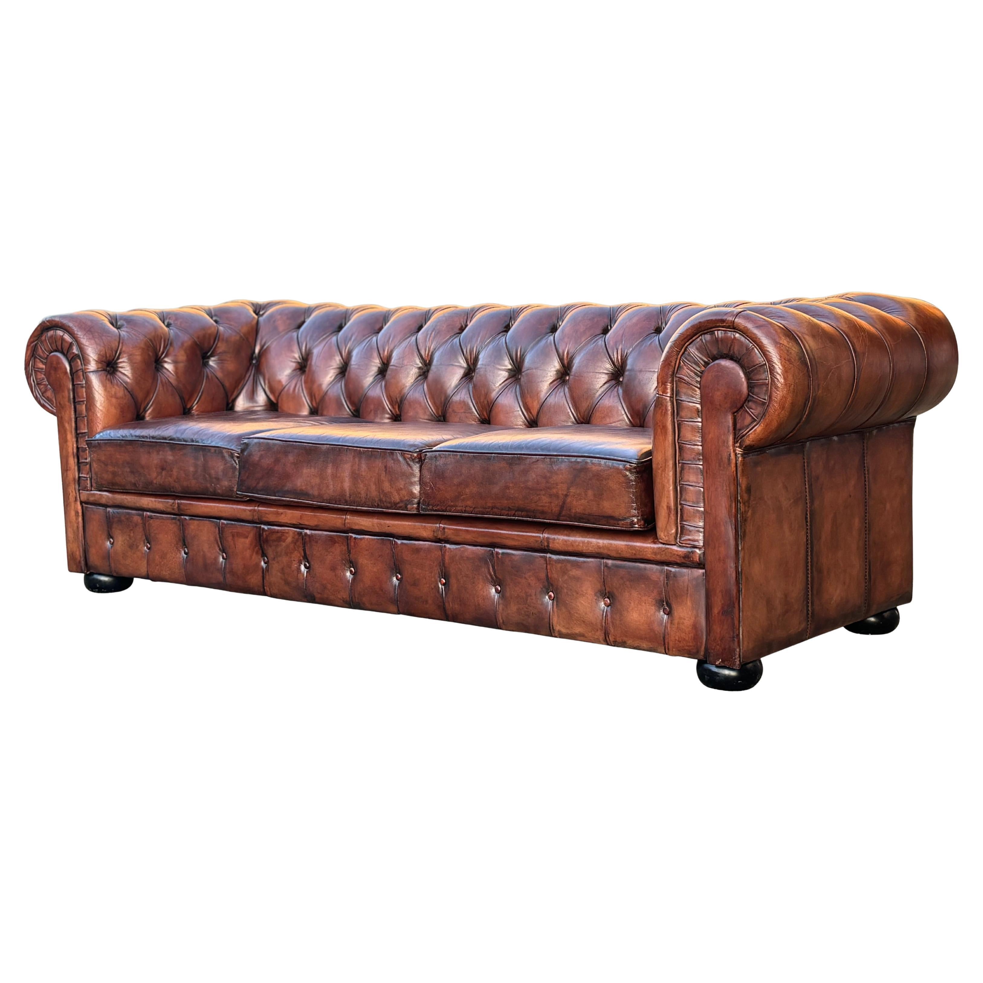 Large 3-Seater Brown Leather Chesterfield Sofa