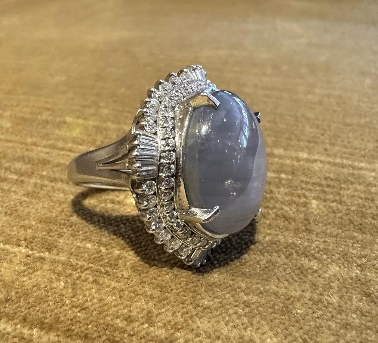 Cabochon Large 30 carat Natural Star Sapphire and Diamond Ballerina Ring in Platinum For Sale