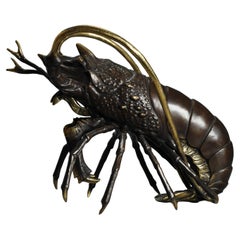 Large 30 cm Showa Period Bronze Japanese Lobster Okimono Statue Japan