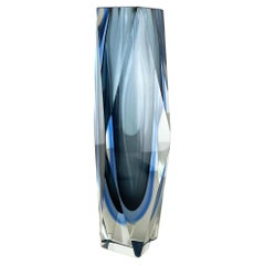 Large Blue Mandruzzato Faceted Glass Sommerso Vase, Murano, Italy 1970s