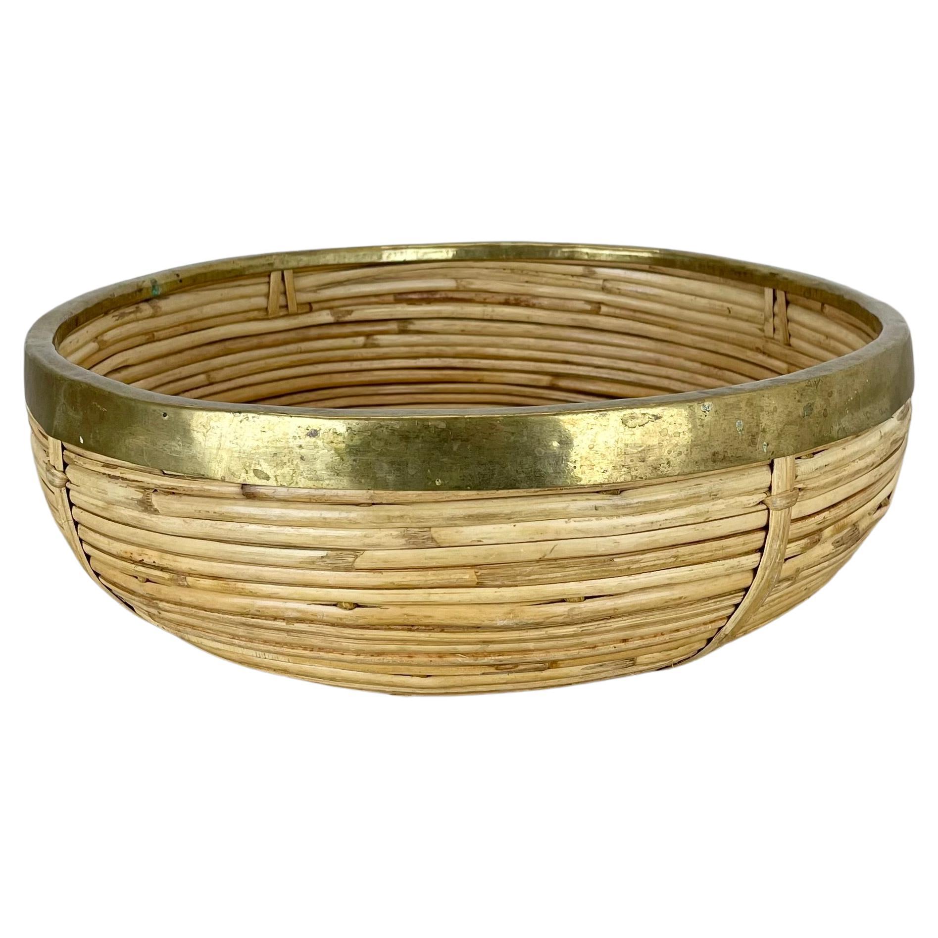 Large 30cm Rattan and Brass Bowl element  in Crespi Albini Style, Italy, 1970s For Sale
