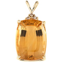 Large 31 Carat Yellow Citrine Diamond Pendant 14 Karat Gold Fine Estate Jewelry