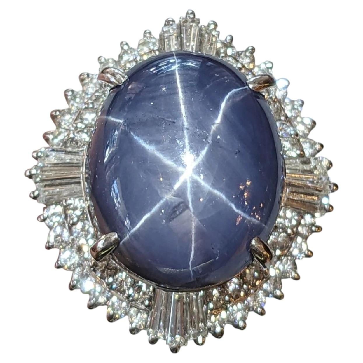 Large 31.52ct Blue Star Sapphire Platinum Diamond Ballerina Ring For Sale