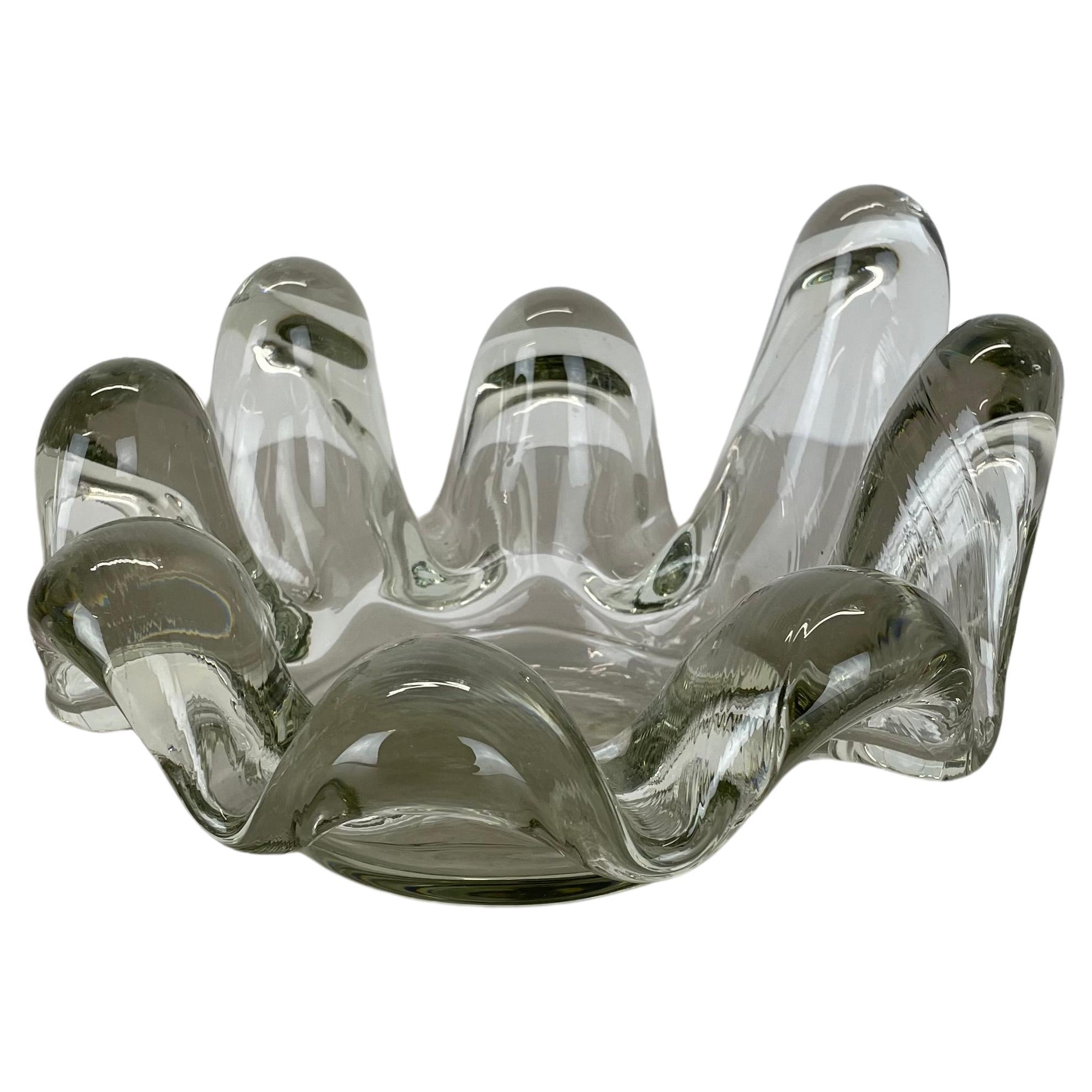 Large 3.2kg Lucid Glass "Brutalist" Bowl Element Shell Ashtray, FRANCE, 1970s For Sale