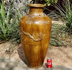 Large Chinese Martaban Ming Dynasty Stoneware Storage Vase with Dragons