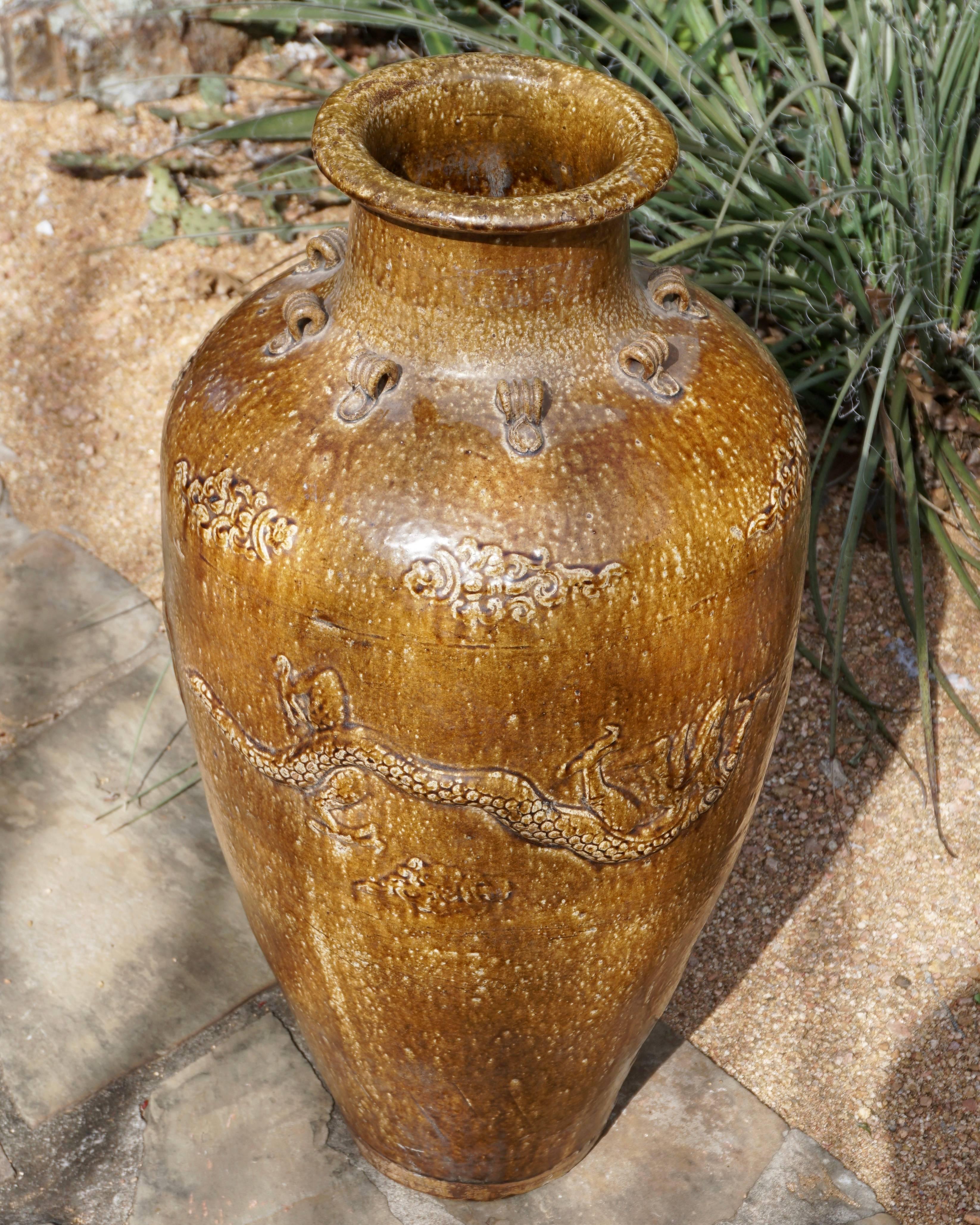 Glazed Large Chinese Martaban Ming Dynasty Stoneware Storage Vase with Dragons For Sale