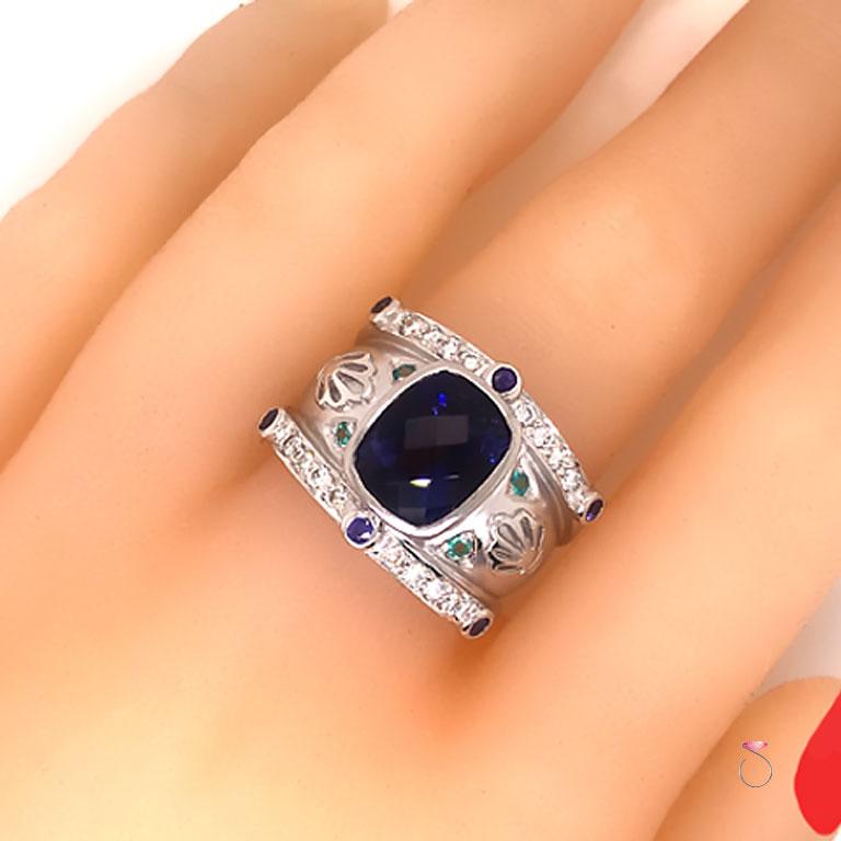 Cushion Cut Large 3.50 Carat Tanzanite and Diamond Cocktail Ring in 18K White Gold For Sale