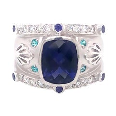 Grande anello cocktail con tanzanite e diamanti da 3,50 carati in oro bianco 18 carati