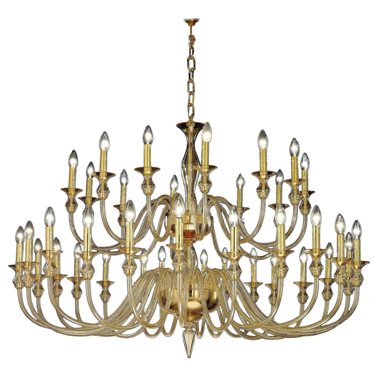 Grande lampadario neoclassico moderno in vetro ambrato trasparente di Murano/Venezia a 36 bracci in vendita