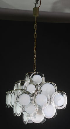 Large 36 Murano Glass White Disch Chandelier by Vistosi, 1970s