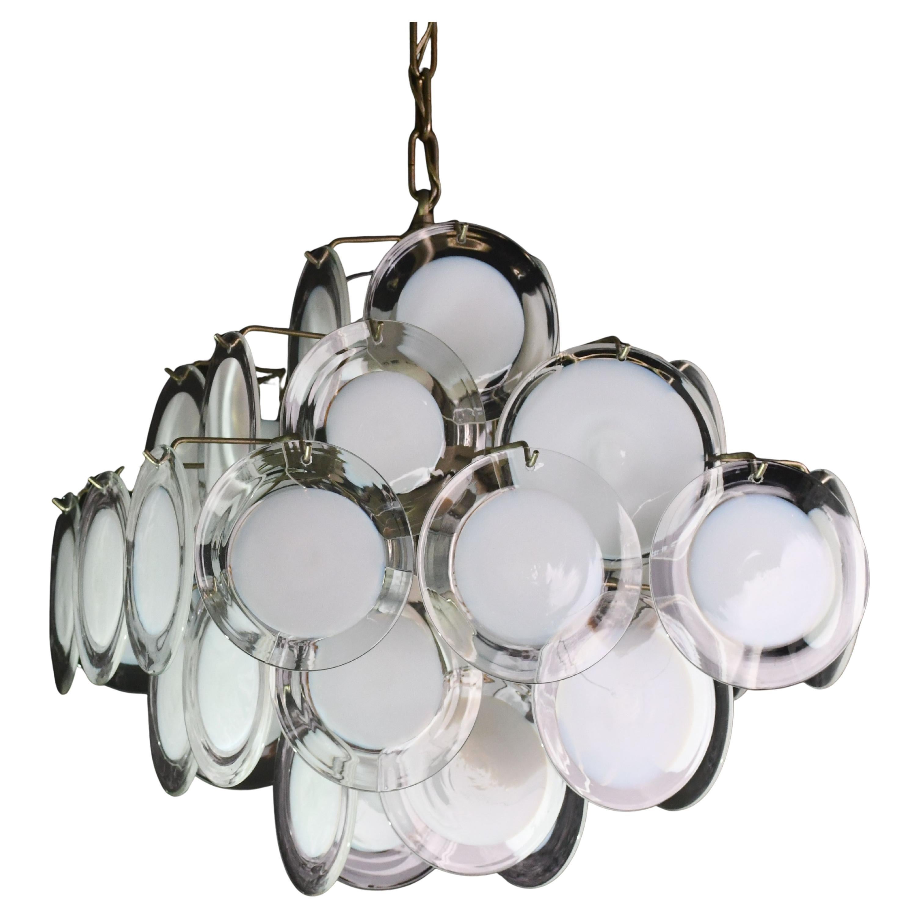 Large 36 Murano Glass White Disch Chandelier by Vistosi, 1970s For Sale