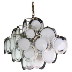 Large 36 Murano Glass White Disch Chandelier by Vistosi, 1970s