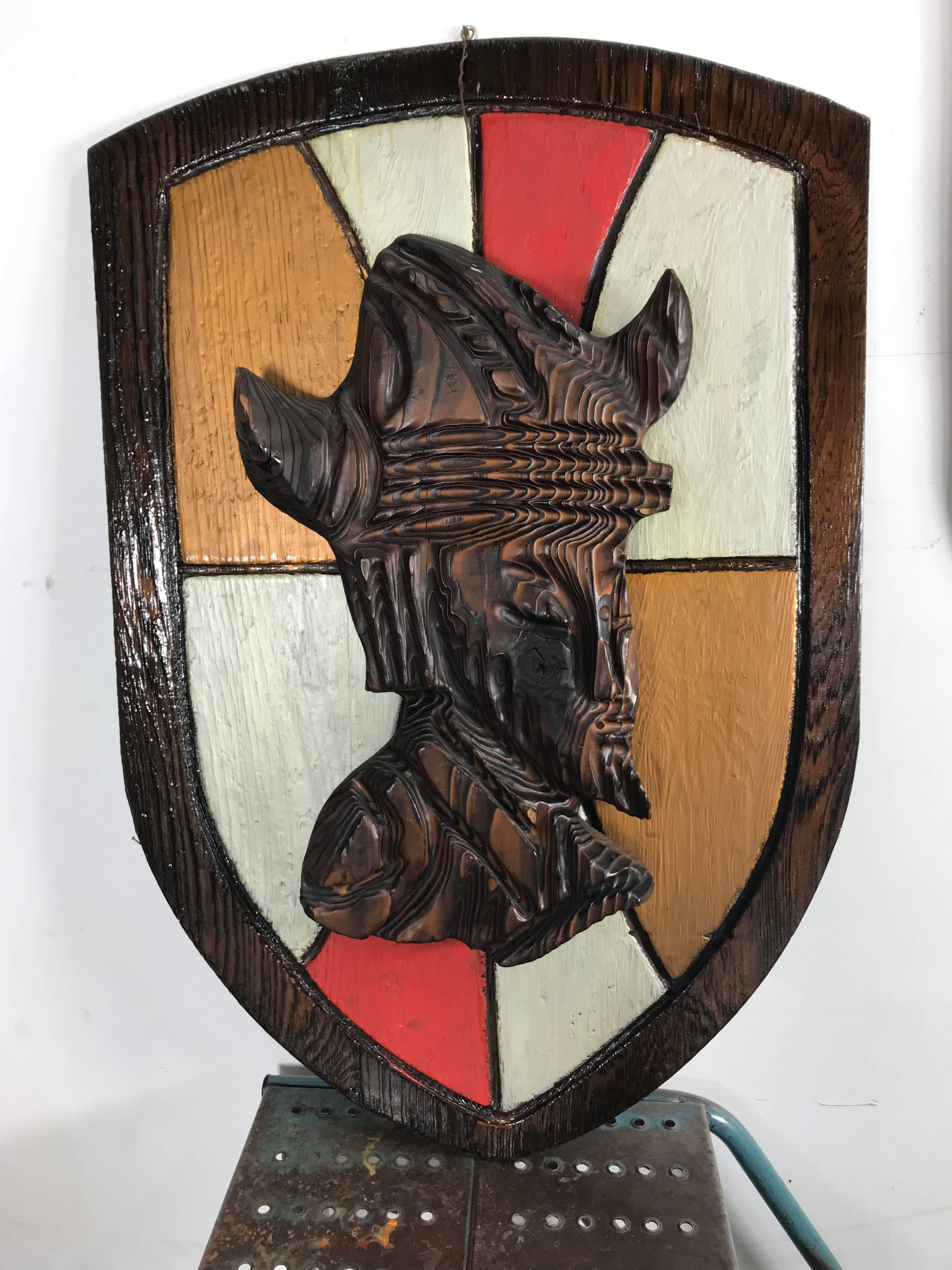 Large Witco, carved wood shield Gladiator and Viking wall plaques.