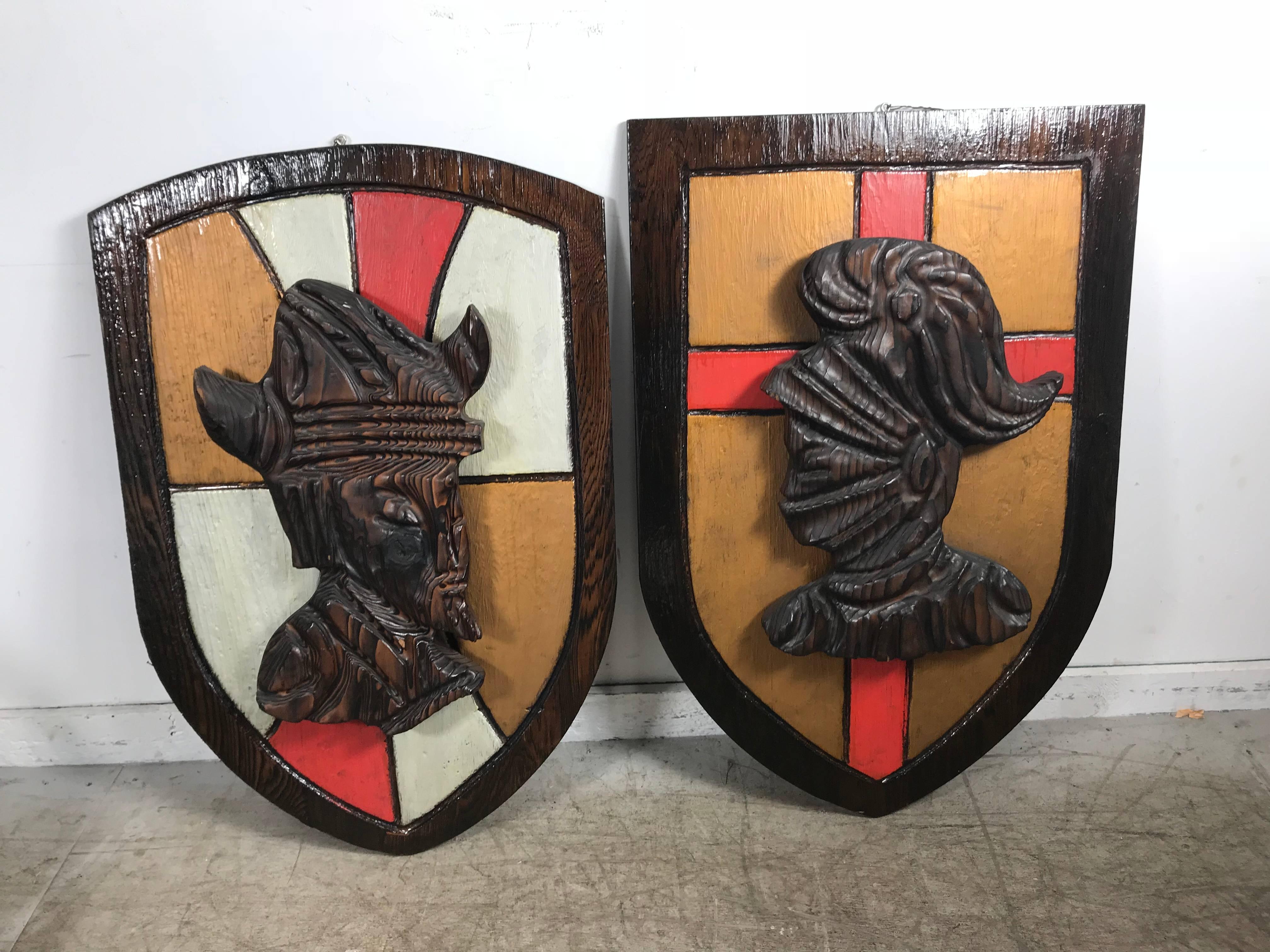 20th Century Large Witco, Carved Wood Shield Gladiator and Viking Wall Plaques