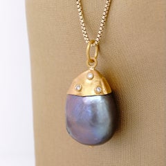 Large, 36.90 Ct Black Baroque Pearl Pendant Necklace with Diamonds, 24Kt Solid G