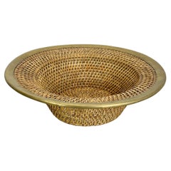 Large 36cm Rattan and Brass Bowl element  in Albini Style, Italy, 1970s