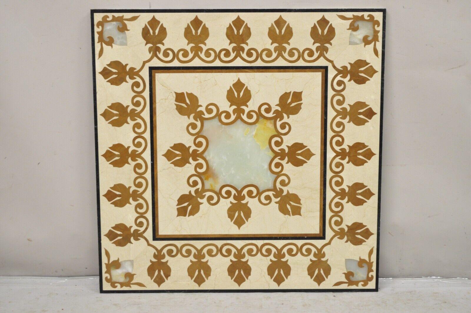 Large 36 x 36 Mediterranean Venetian Style Decorative Centerpiece Accent Floor Tile with Onyx Inlay. Circa Late 20th - 21st Century
Measurements: 36