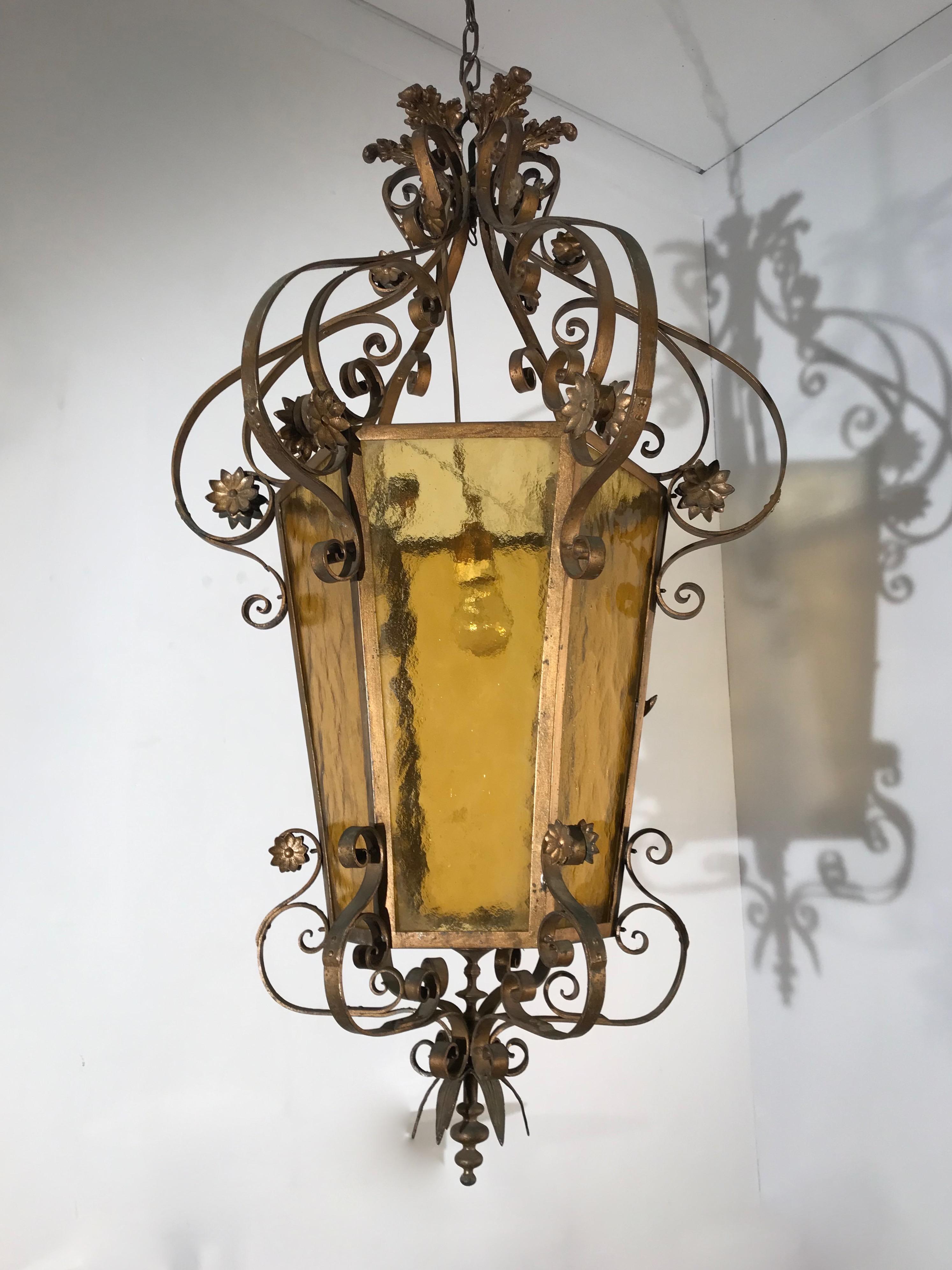 European Rare Large Arts & Crafts Brass and Colored Glass Hexagonal Lantern or Chandelier