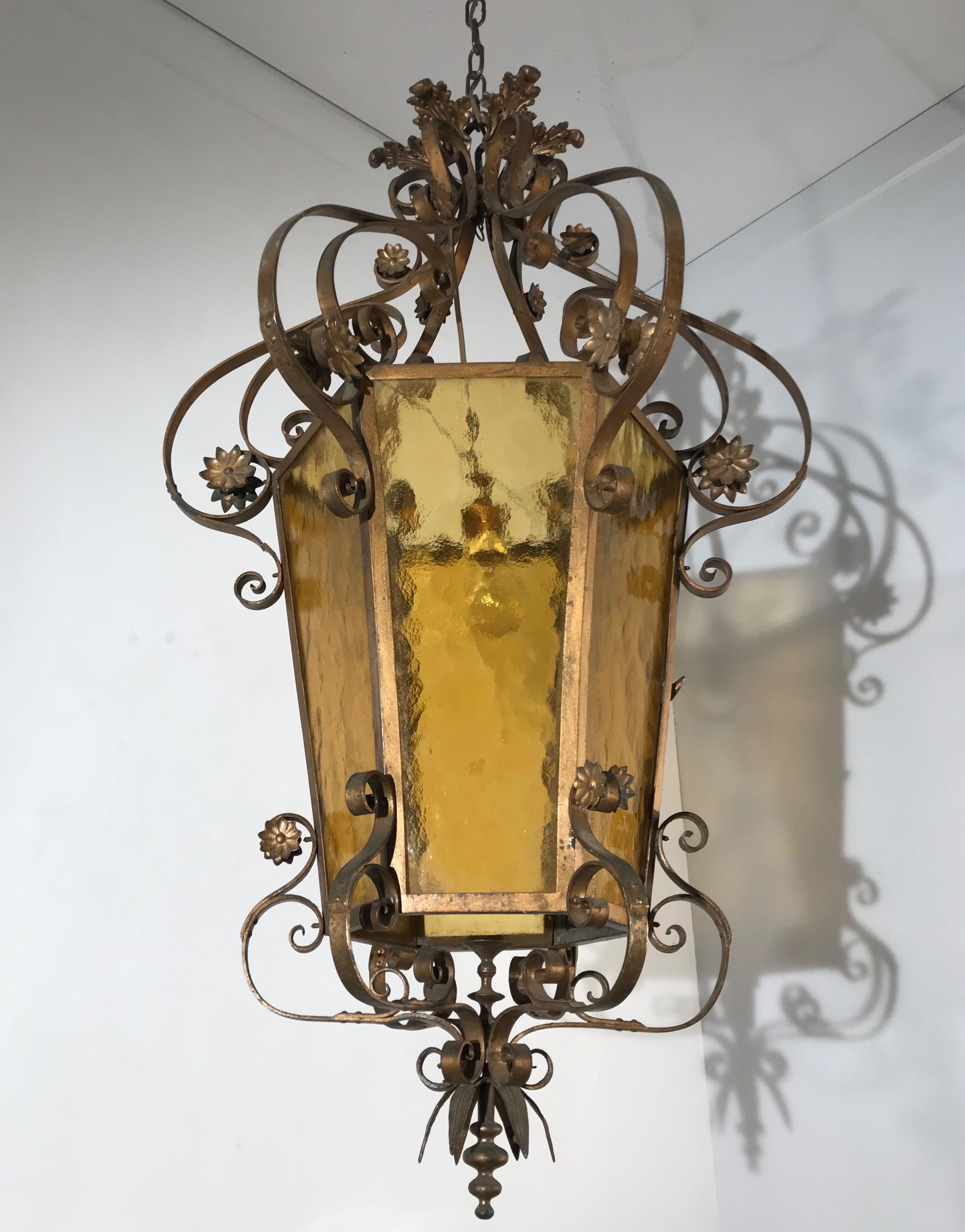 Hand-Crafted Rare Large Arts & Crafts Brass and Colored Glass Hexagonal Lantern or Chandelier