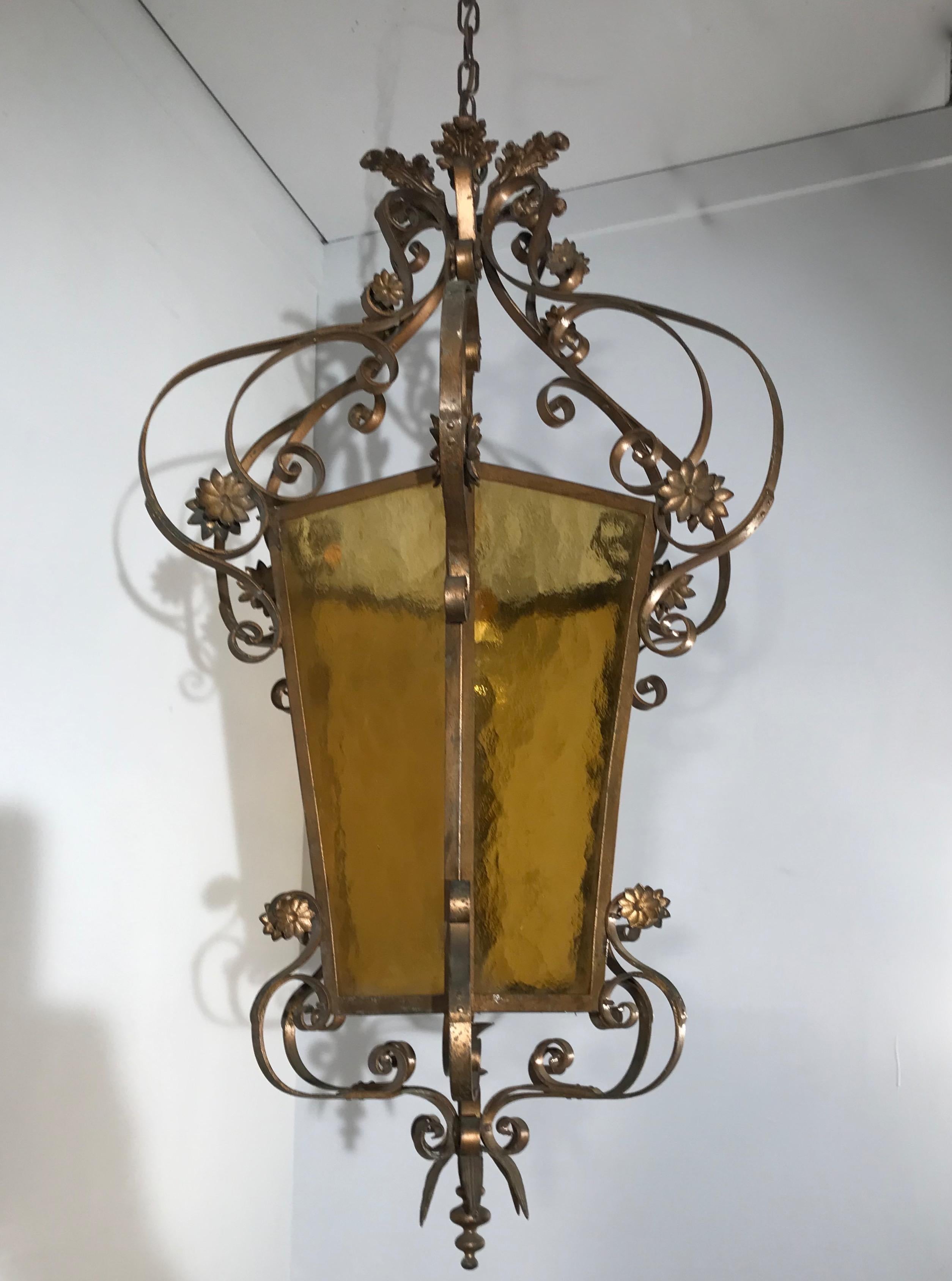 Rare Large Arts & Crafts Brass and Colored Glass Hexagonal Lantern or Chandelier In Good Condition In Lisse, NL