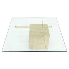 Large 37x37 Square Glass Top Travertine Pedestal & Brass Base Coffee Table
