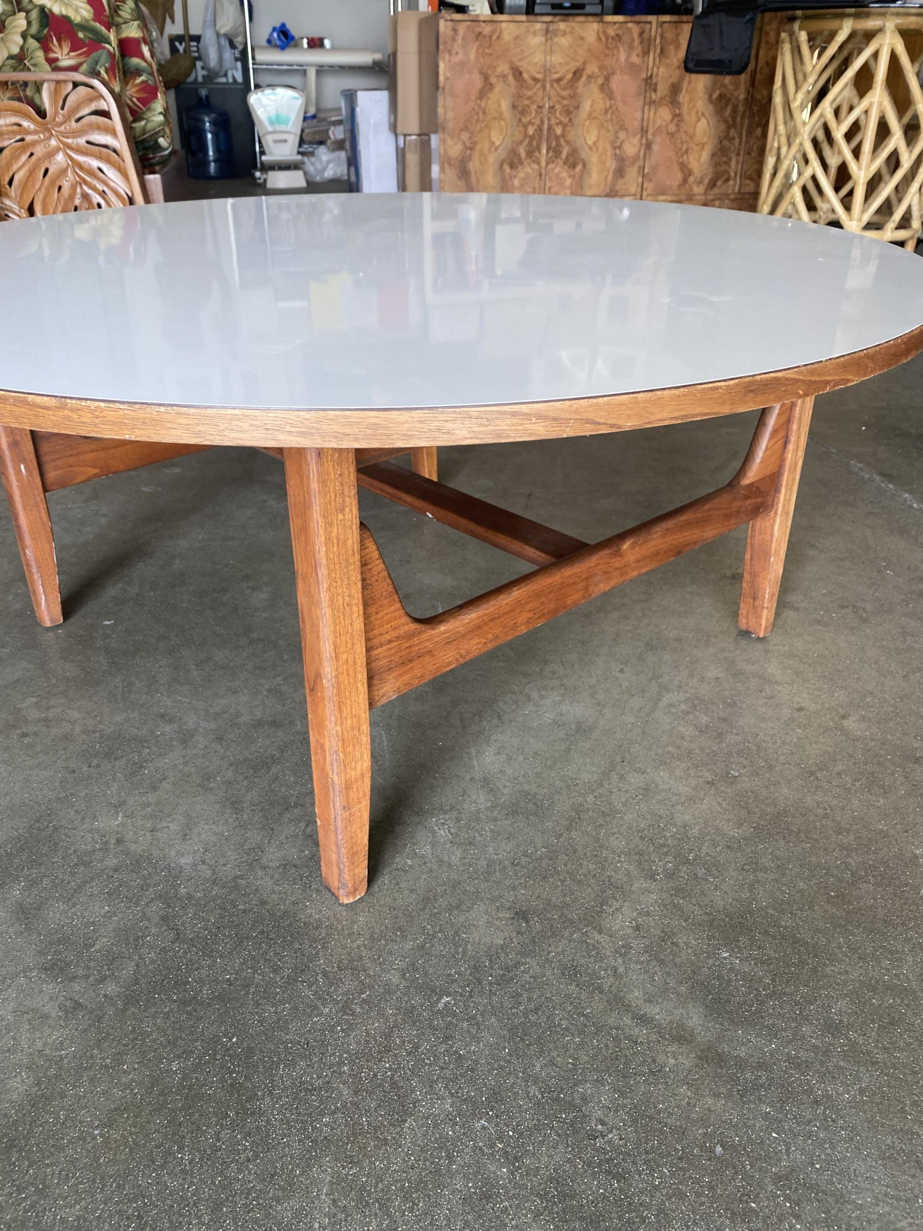 Teak Large Danish Mid-Century Round Coffee Table with White Laminate Top For Sale