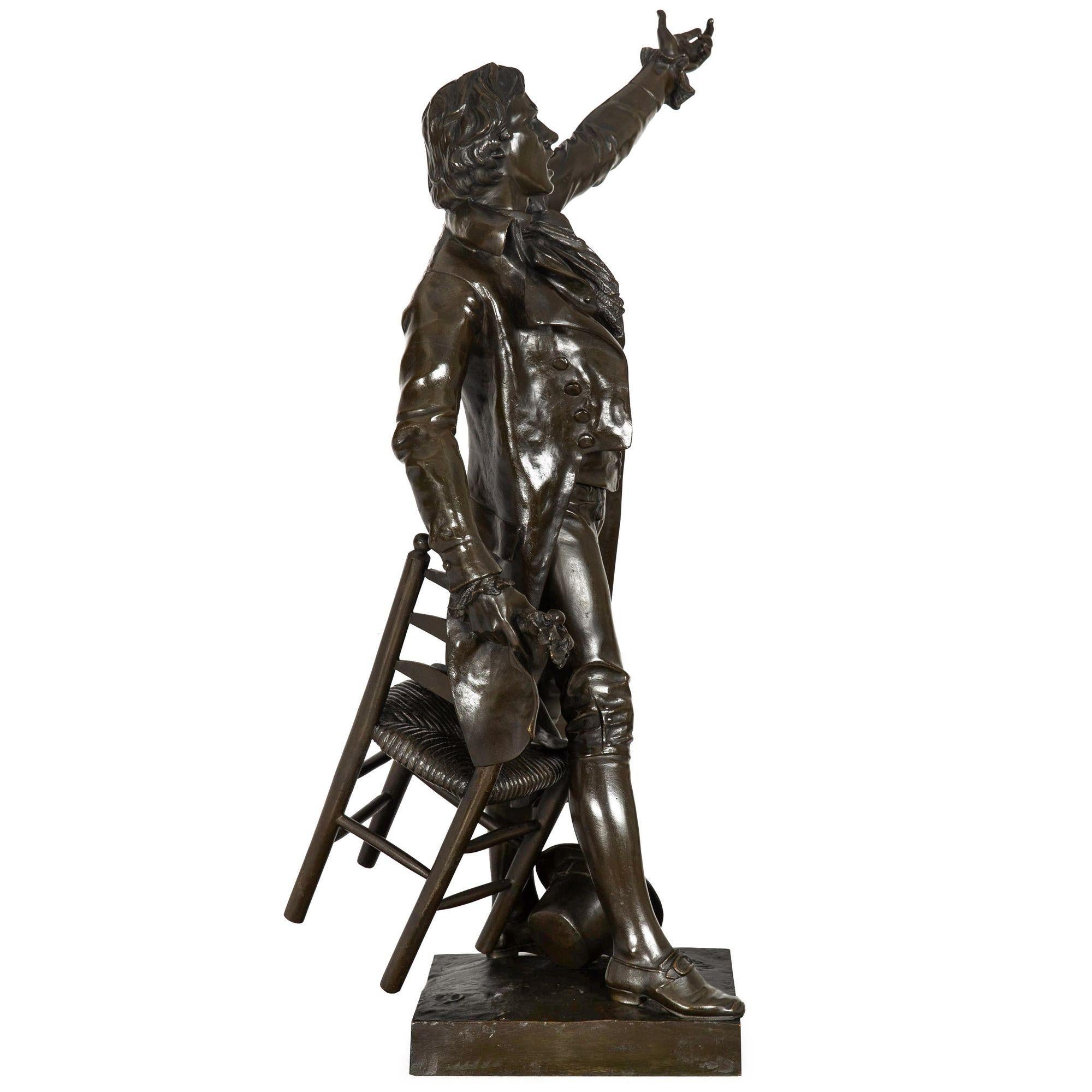 Romantic Large 38” French Antique Bronze Sculpture of Camille Desmoulins by Dumaige For Sale