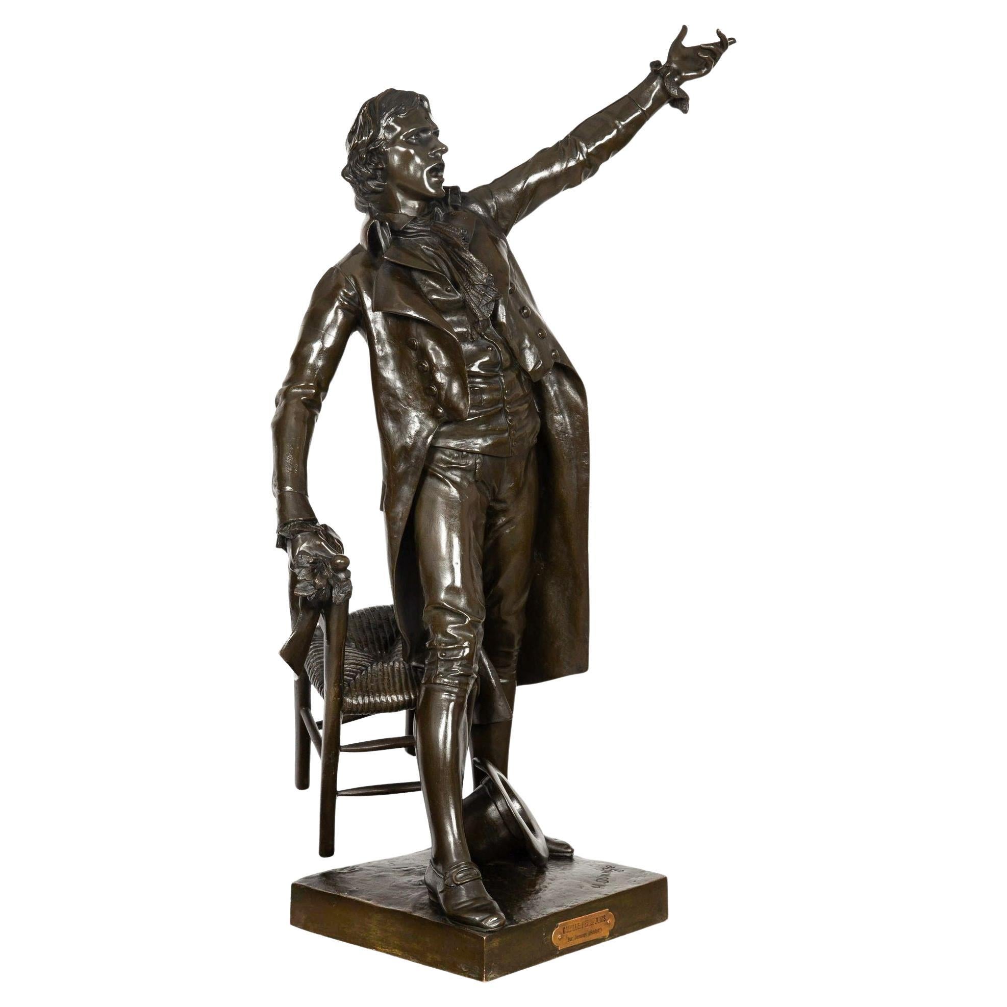 Large 38” French Antique Bronze Sculpture of Camille Desmoulins by Dumaige For Sale