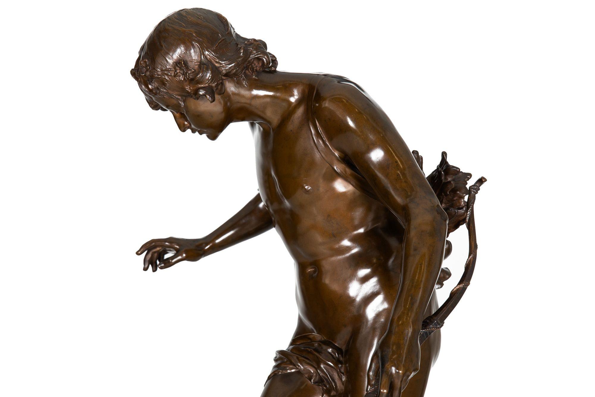 Large 38” H French Antique Bronze Sculpture of Narcissus by Eugene Quint 8