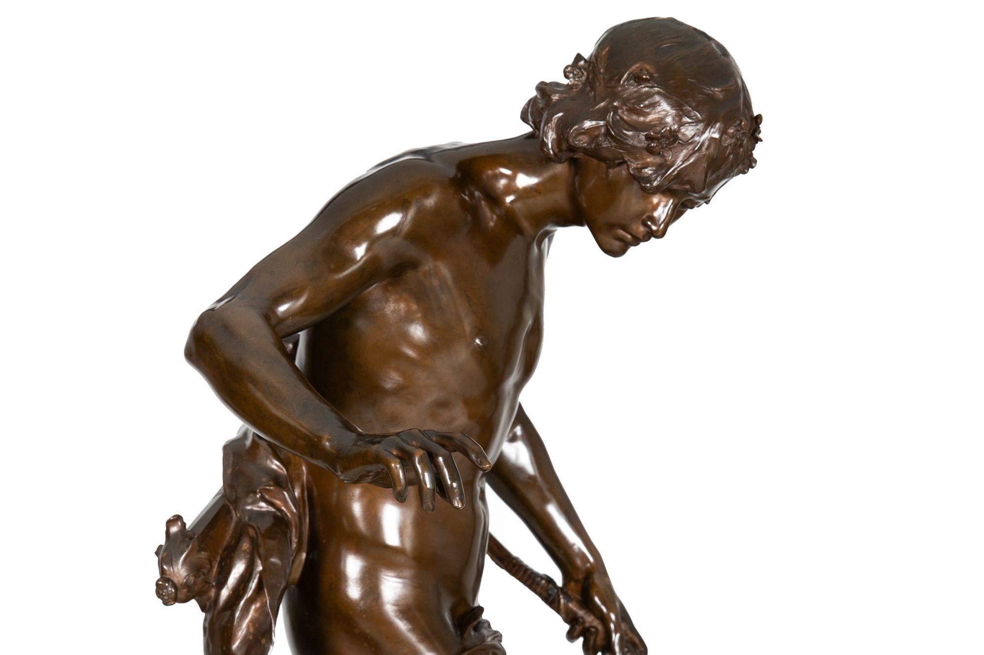 Large 38” H French Antique Bronze Sculpture of Narcissus by Eugene Quint 9