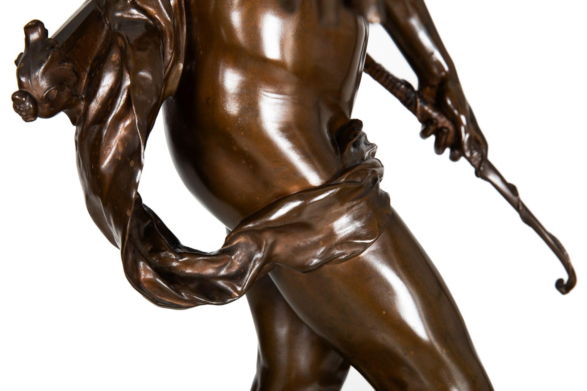 Large 38” H French Antique Bronze Sculpture of Narcissus by Eugene Quint 14