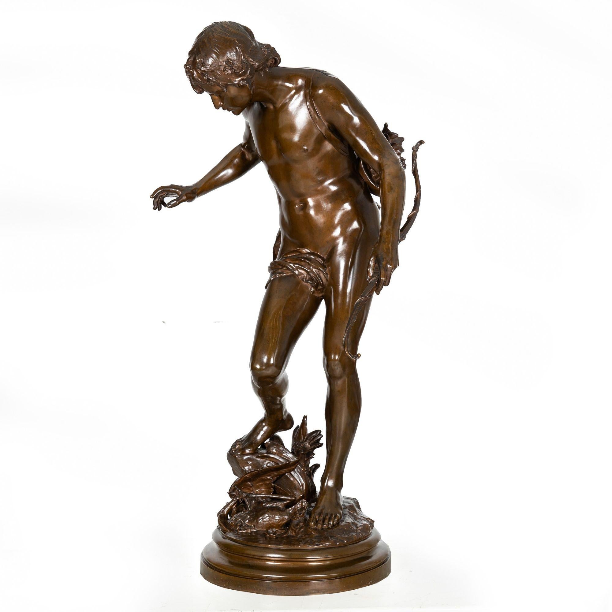 It is self-evident why this model was awarded a silver medal in the Salon of 1888 (no. 4559) where it was presented in plaster. In this dream-like reimagining of mythogy, Eugene Quinton captures the fatal tale of Narcissus at the moment of his