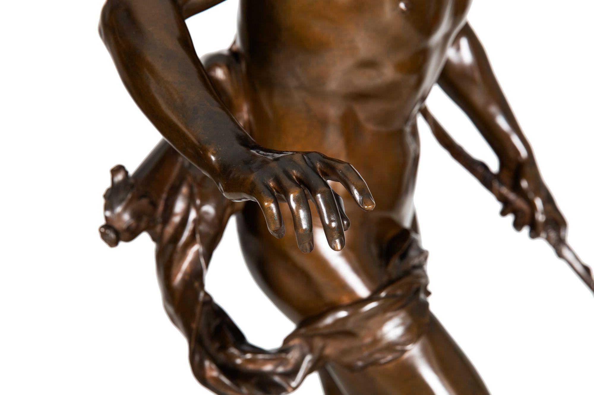 Large 38” H French Antique Bronze Sculpture of Narcissus by Eugene Quint 15